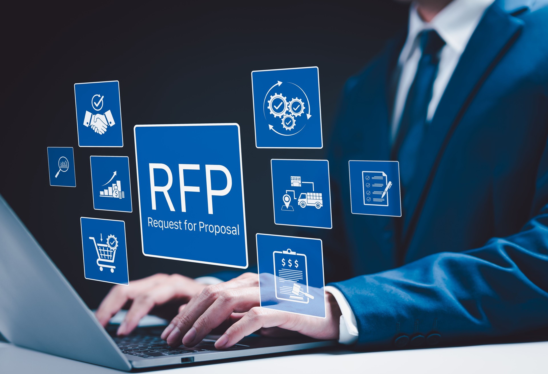 RFP, Request for Proposal Business Concept. Businessman working on laptop with icon representing Request for Proposal (RFP) process, including procurement, bidding, contract management, and logistics.