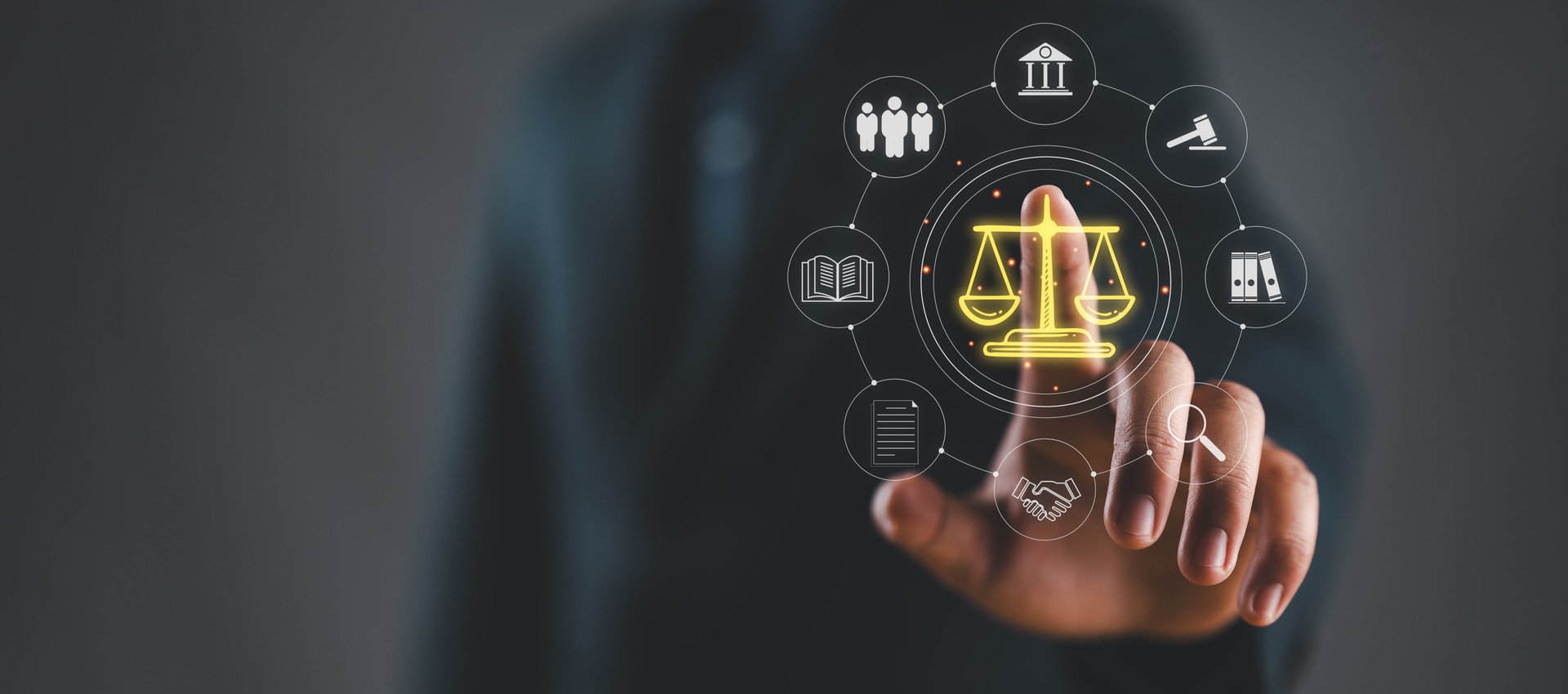 Legal Professional with Justice Icons. A suited legal professional touches virtual icons symbolizing law, justice, and legal services. business legislation, Notary public, legal advice online, Lawyer