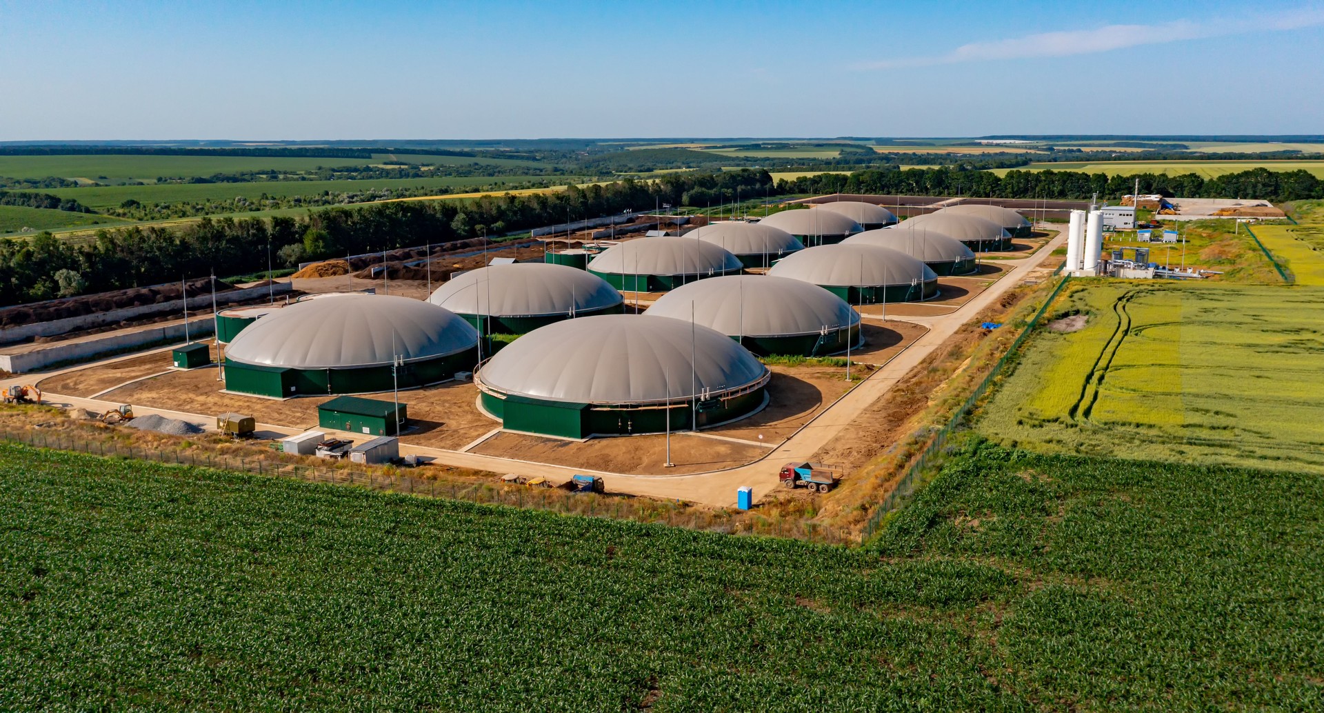 Bio gas factory. Sustainable production of biofuel. Modern plant. Aerial view on the modern biofuel factory. View from above