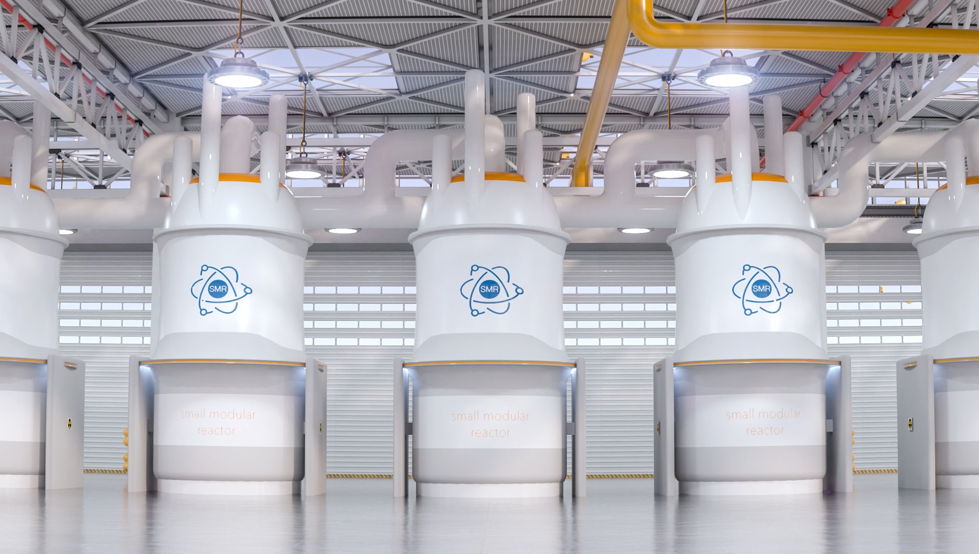 concept of a SMR small modular nuclear reactor power plant on a sunny day. SMR is a future energy concept. 3d rendering.